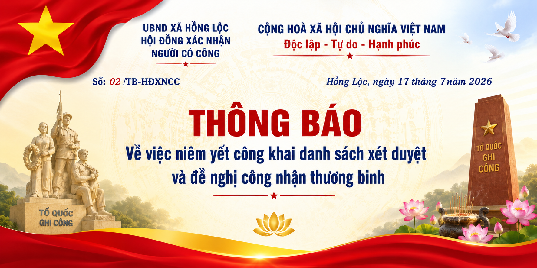 THÔNG BÁO Về việc niêm yết công khai Danh sách xét duyệt và đề nghị công nhận thương binh
