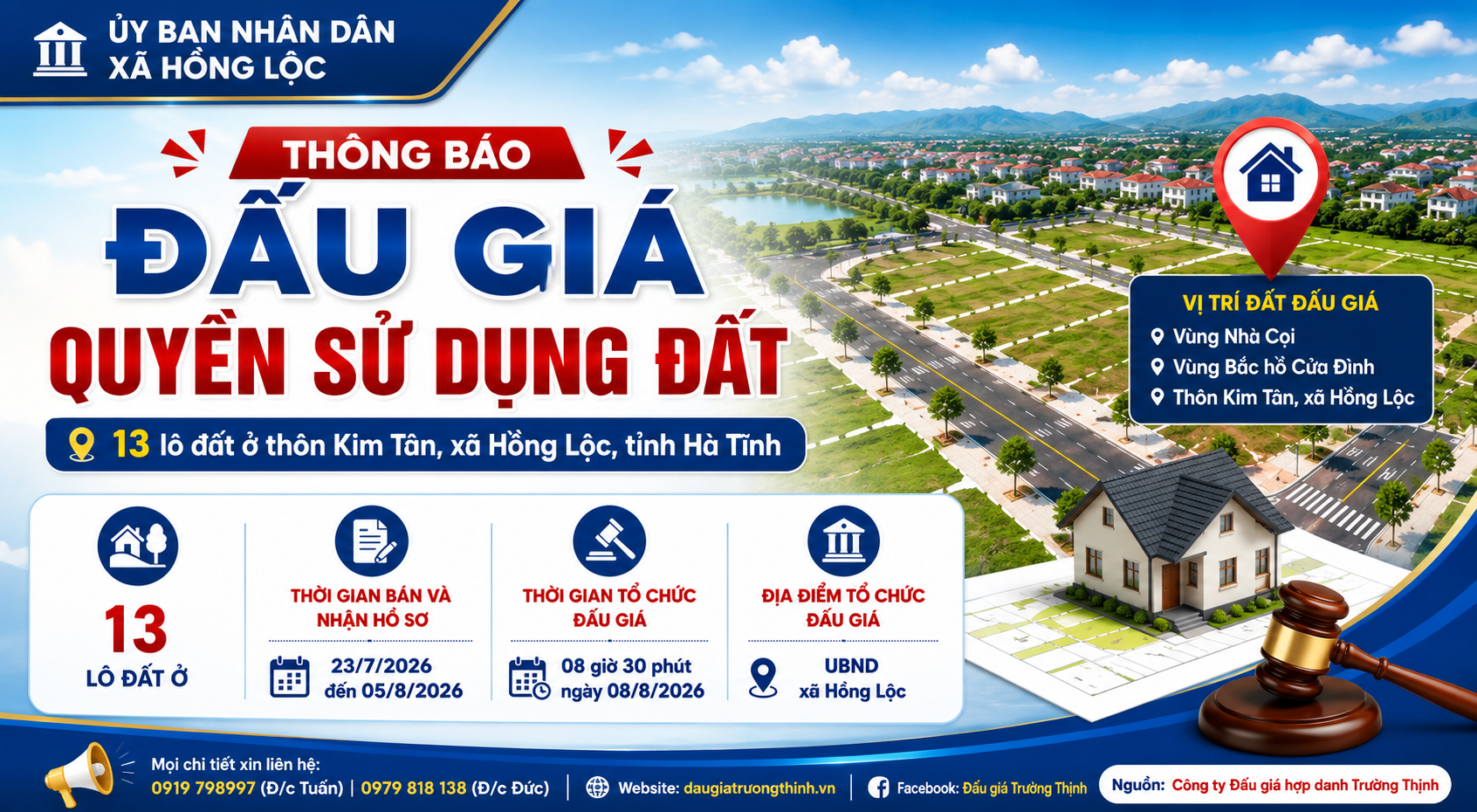 UBND XÃ HỒNG LỘC THÔNG BÁO ĐẤU GIÁ QUYỀN SỬ DỤNG 13 LÔ ĐẤT Ở THÔN KIM TÂN