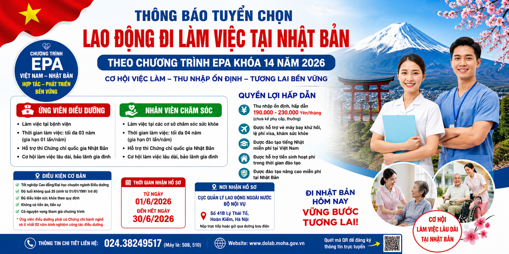 THÔNG BÁO TUYỂN CHỌN ỨNG VIÊN ĐIỀU DƯỠNG, NHÂN VIÊN CHĂM SÓC ĐI LÀM VIỆC TẠI NHẬT BẢN THEO CHƯƠNG TRÌNH EPA KHÓA 14 NĂM 2026