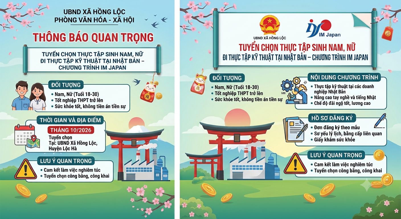 Thông báo tuyển chọn thực tập sinh nam, nữ đi thực tập kỹ thuật tại Nhật Bản – Chương trình IM Japan (Tháng 10/2026)