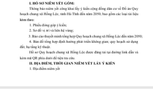 Thông báo Niêm yết công khai, lấy ý kiến cộng đồng dân cư về đồ án Quy hoạch chung  xã Hồng Lộc, tỉnh Hà Tĩnh đến năm 2050 