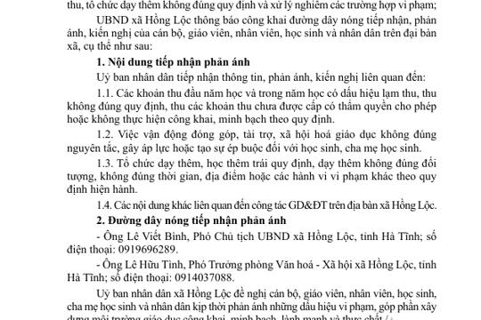 Thông báo Về việc công khai đường dây nóng tiếp nhận phản ánh, kiến nghị  về tình trạng lạm thu và dạy thêm, học thêm trái quy định  trong các cơ sở giáo dục trên địa bàn xã Hồng Lộc 