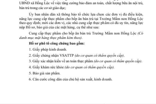 Thông báo Về việc cung cấp thực phẩm cho bếp ăn bán trú tại  Trường Mầm non Hồng Lộc, năm học 2026 - 2027 